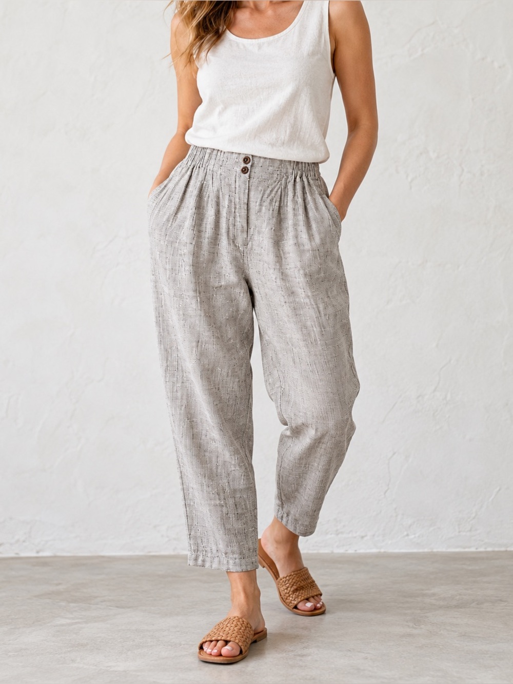 POETRY UJ57 100% Linen High Twist Tapered Pants US 6 Micro Check